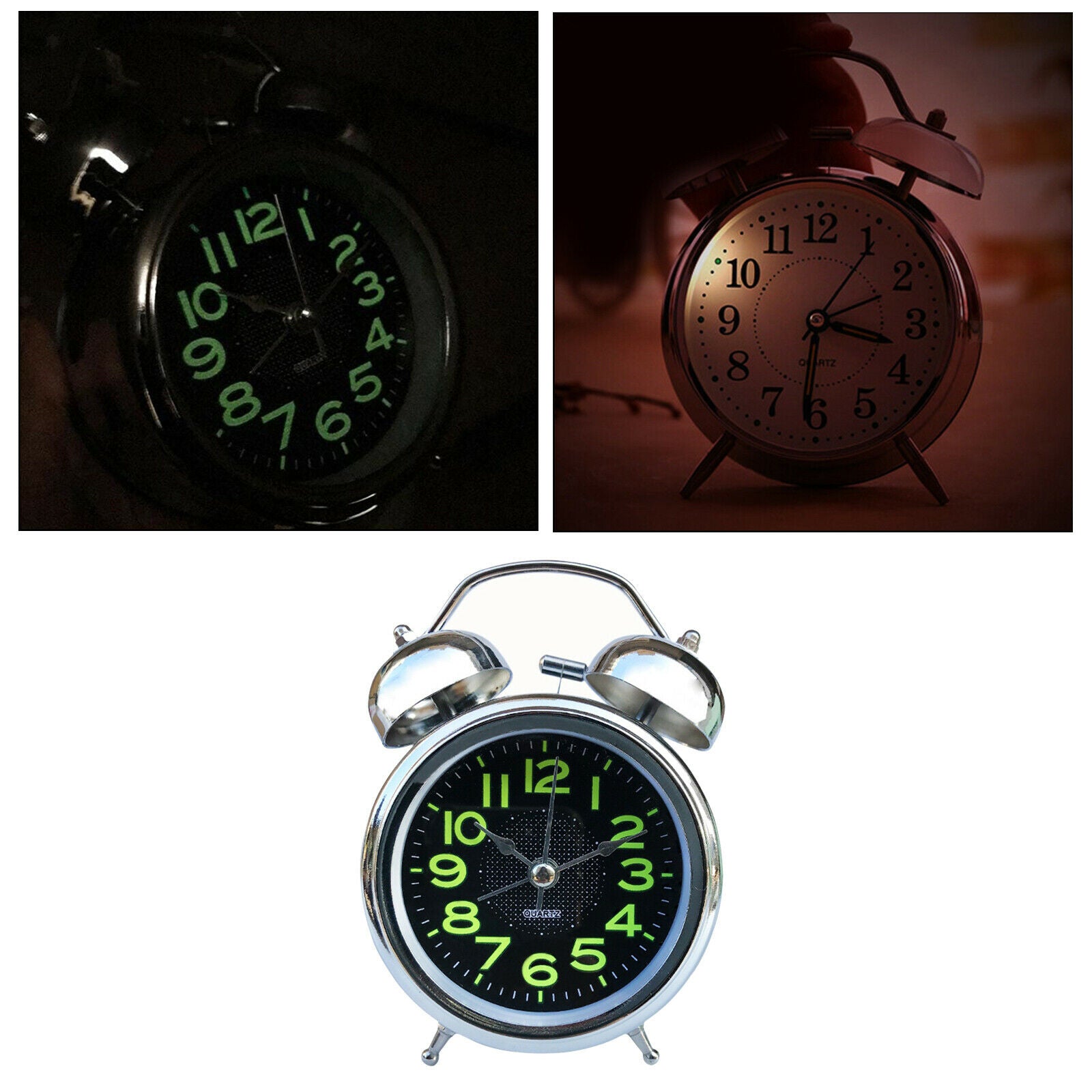 Classic Loud Twin Bell Alarm Clock Quartz Night Light Battery Operated Home