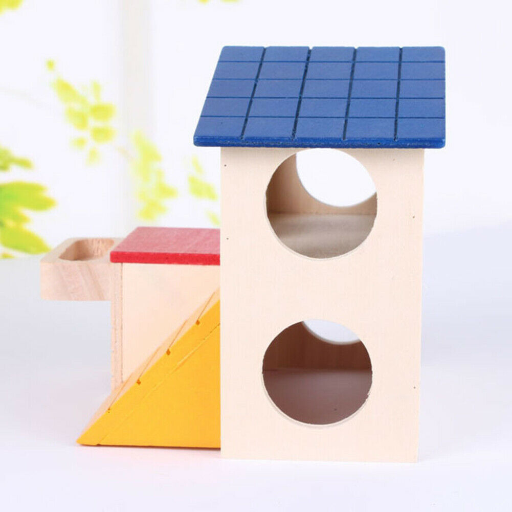 Cute Hamster Double Layer Cabin Wooden Small Animal Climbing Hideout Nest @