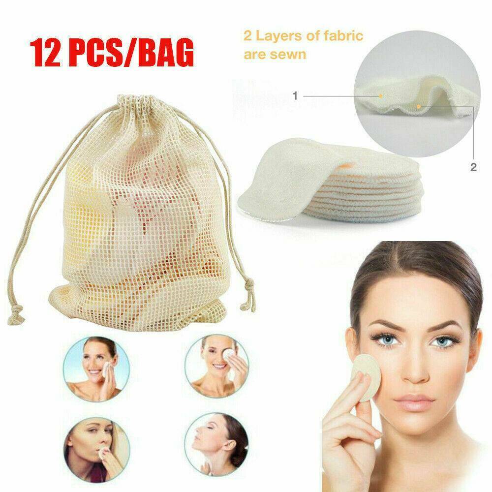 12X Reusable Face Cleansing Pad Bamboo Cotton Makeup Remover Pads Face Wipes Kit