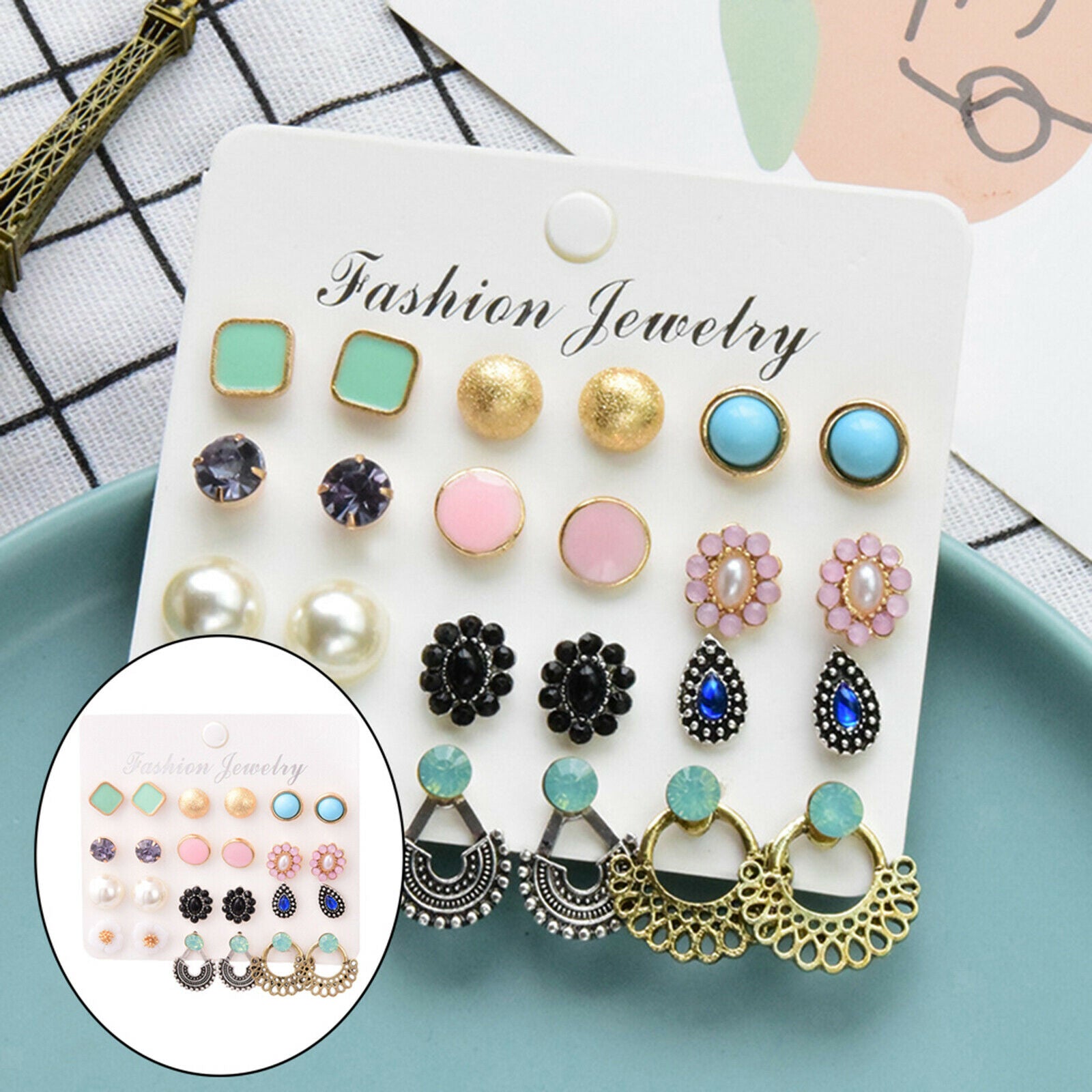 12 Pairs Crystal Earrings Glass Rhinestone Set for Women Weddings Jewel