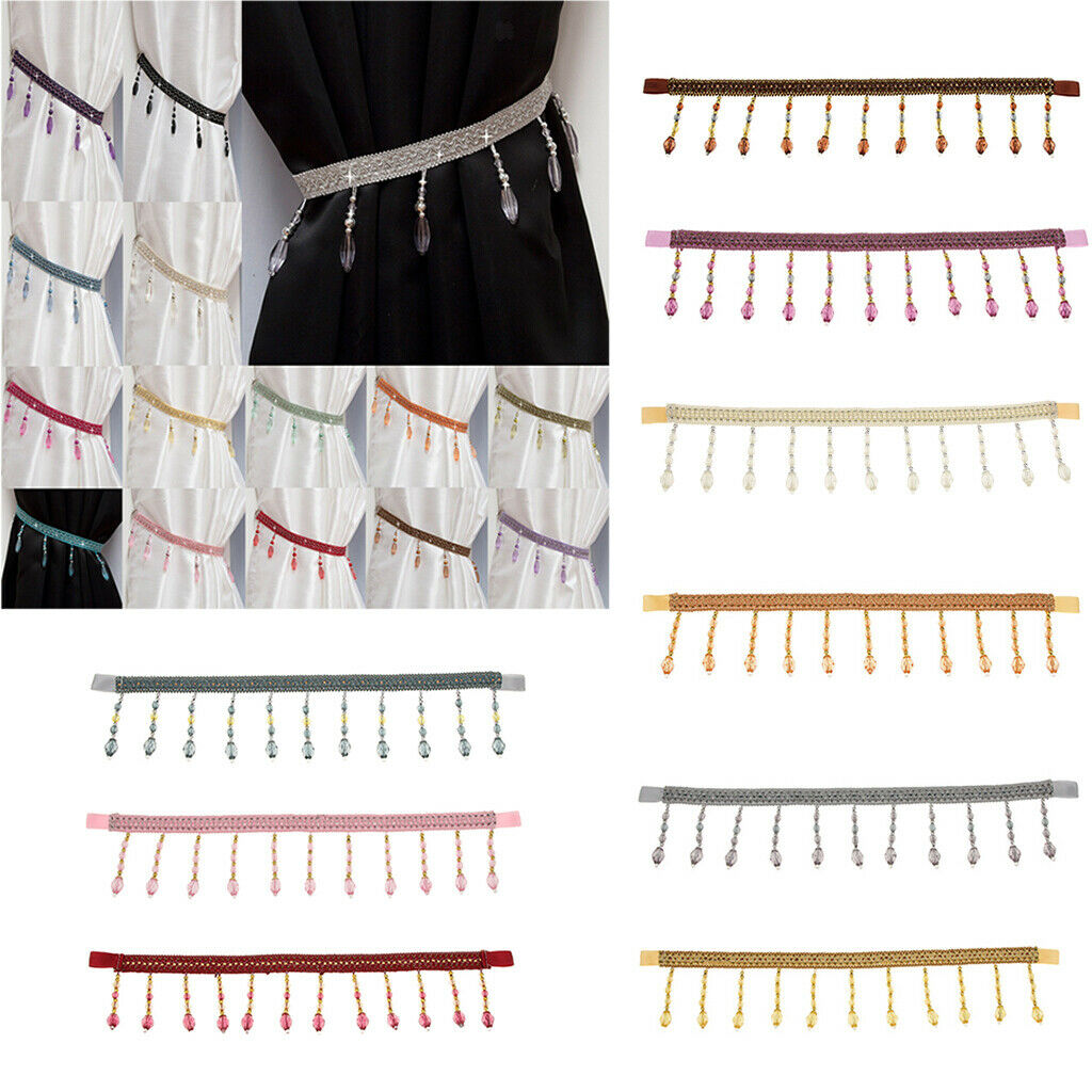 2x Crystal Beads Curtain Rope Tiebacks Tie Belt for Room Window Decor Brown