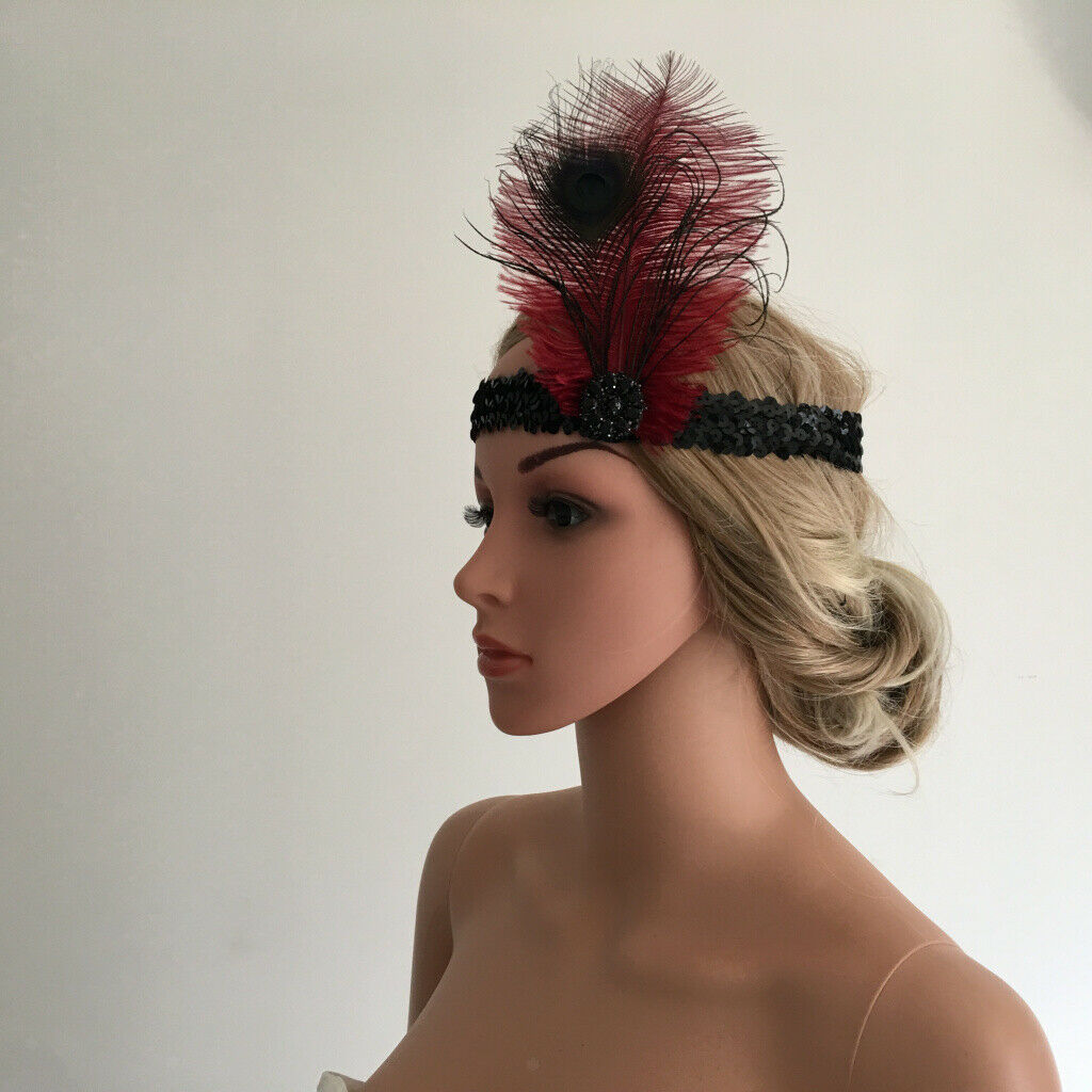 1920s Flapper Red Feather Headband,  Hair Accessories for Wedding Tea Party
