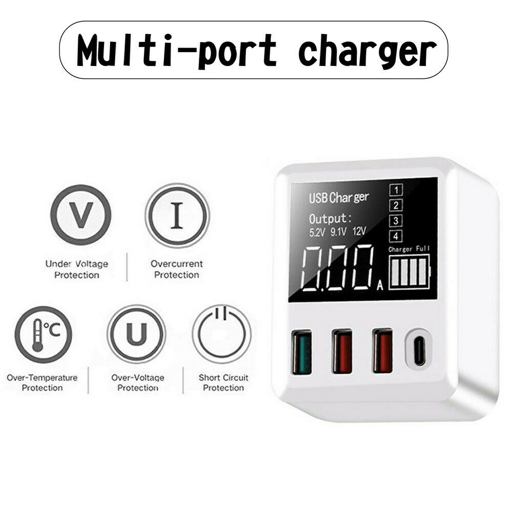 40W 4-Port Charging Hub QC 3.0 USB Port PD LED Display Wall Charger US Plug CA