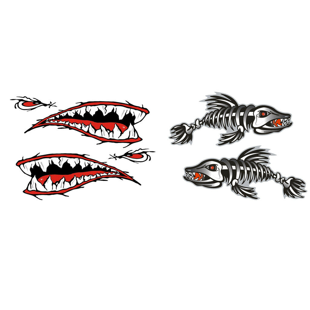 4 Pieces Skeleton Fish Shark Mouth Canoe Kayak Decals Fishing Boat Graphics