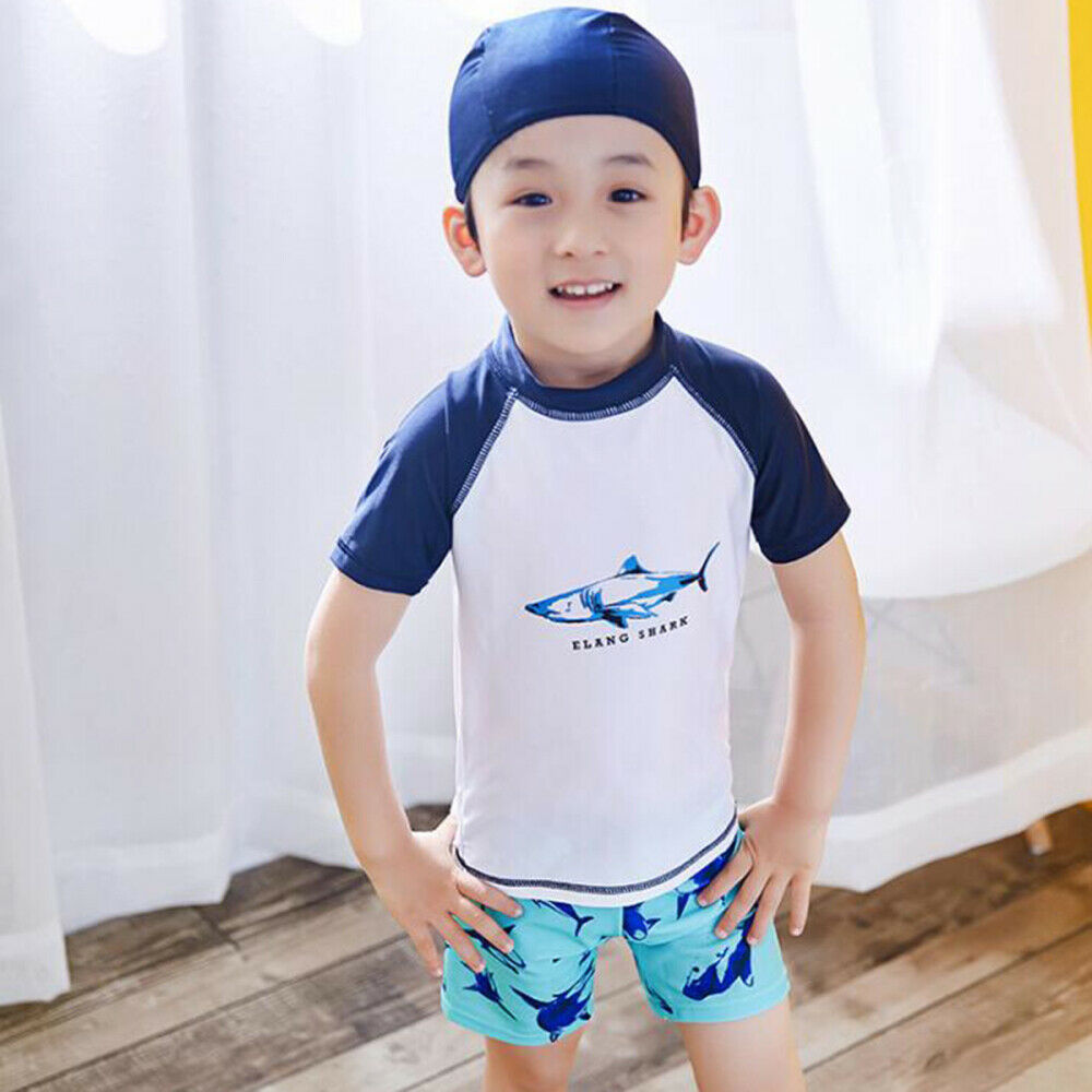 Kids Boy Baby 3pcs Swimwear Swimsuit Bathing Suit T-Shirt+Shorts+Cap Outfits Set
