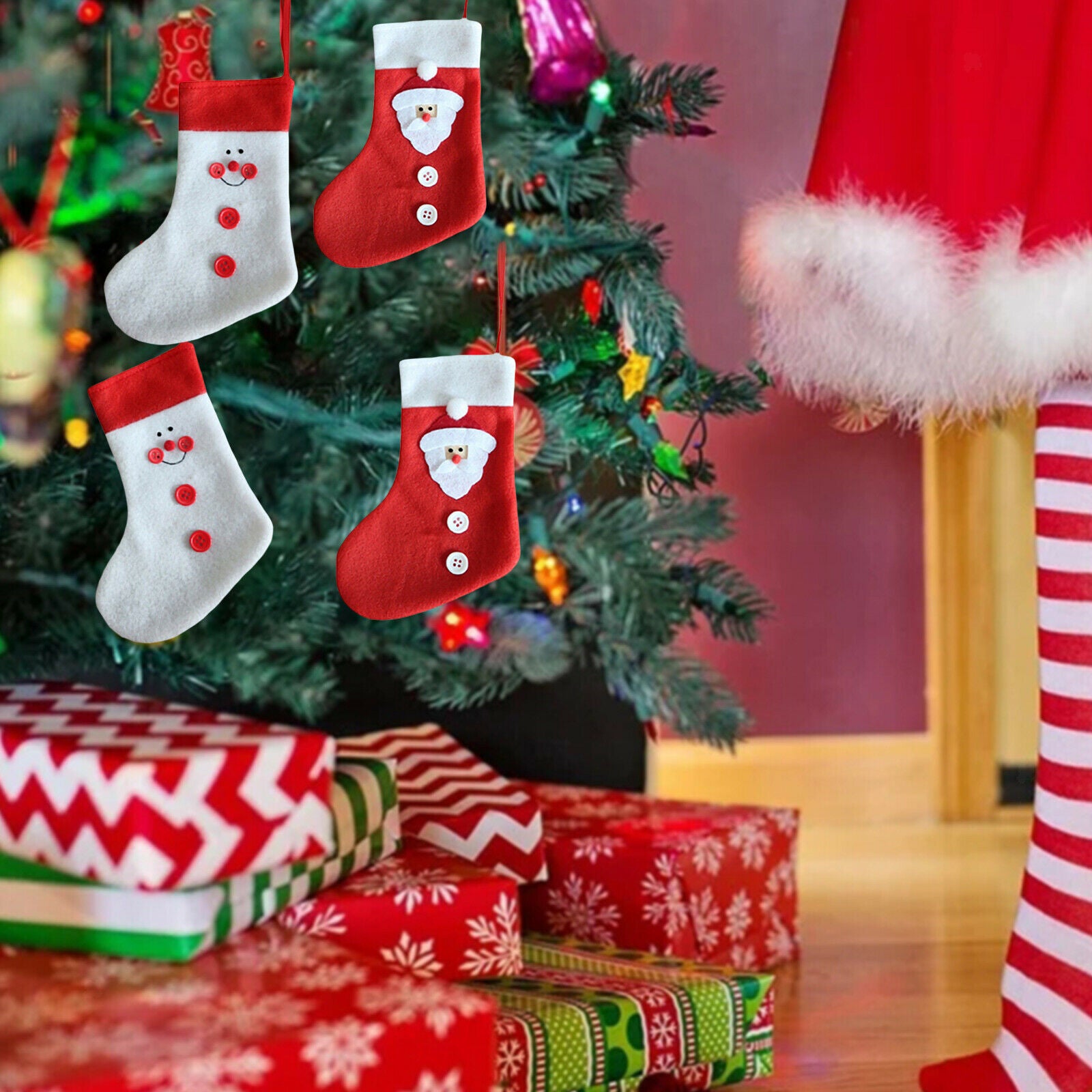 4Pcs Felt Christmas Stockings Seasonal Hanging Decoration Candy Gift Bag