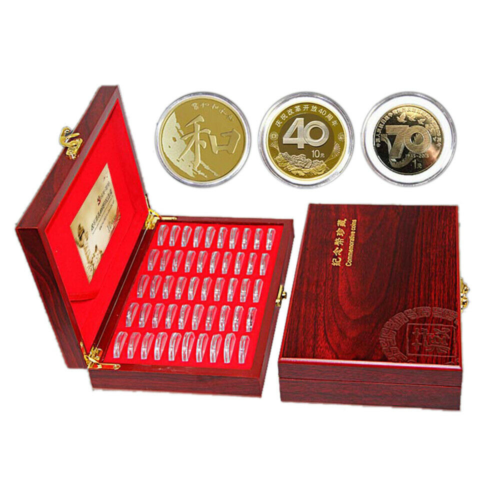 50Pc 30mm Coin Round Case with Adjustable Inner Pad + Storage Wooden Box Collect