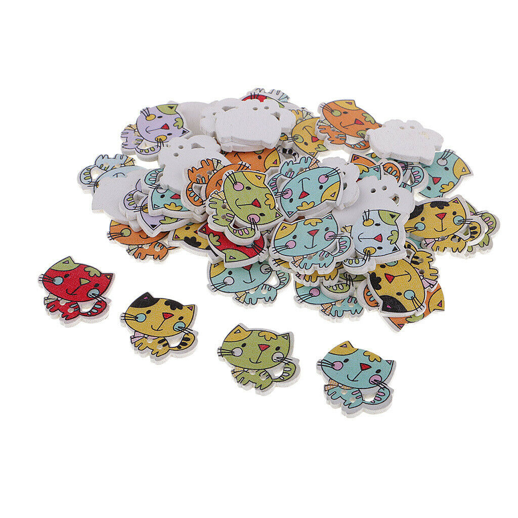 50pcs Lovely Cartoon Cat 2 Holes Wooden Buttons Decorative Buttons For DIY