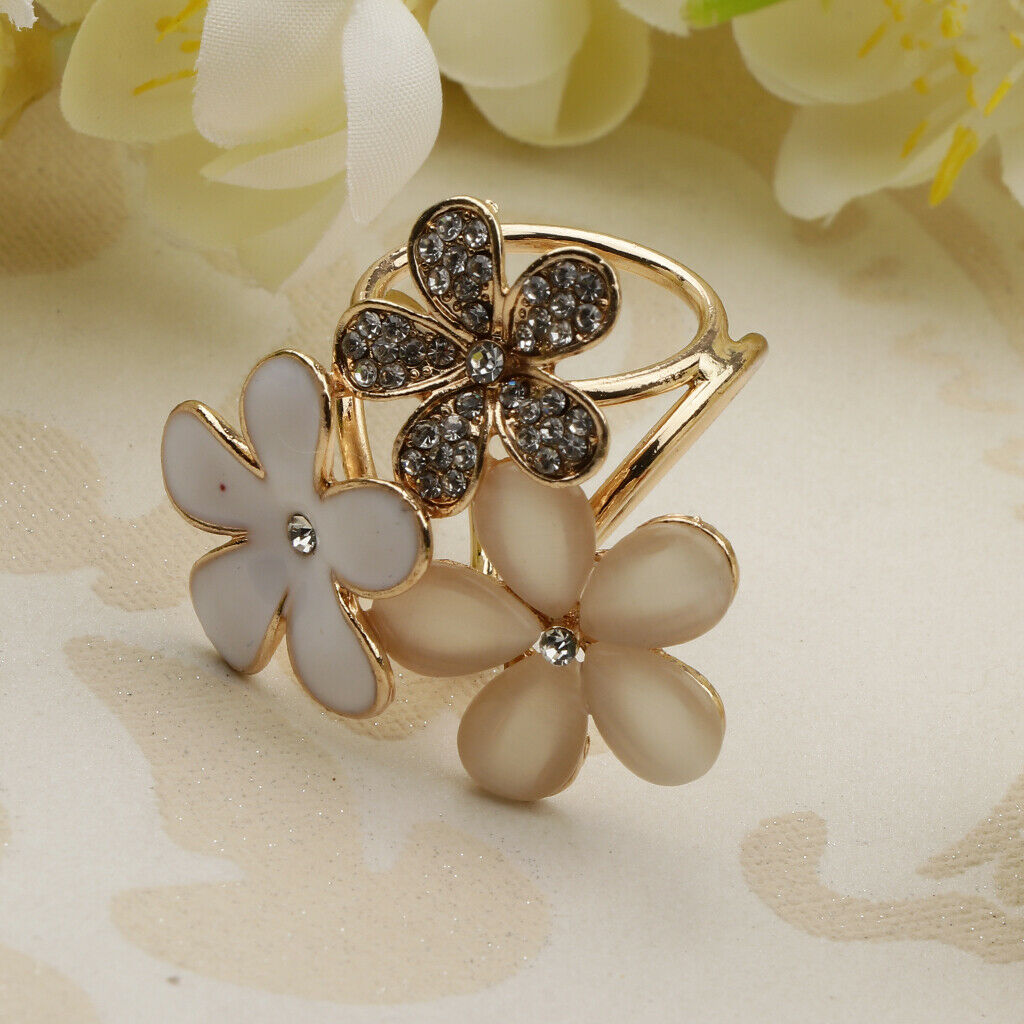 Women Flower Shape Crystal Enamel Scarf Buckle Ring Clip Scarf Jewelry 2Pcs