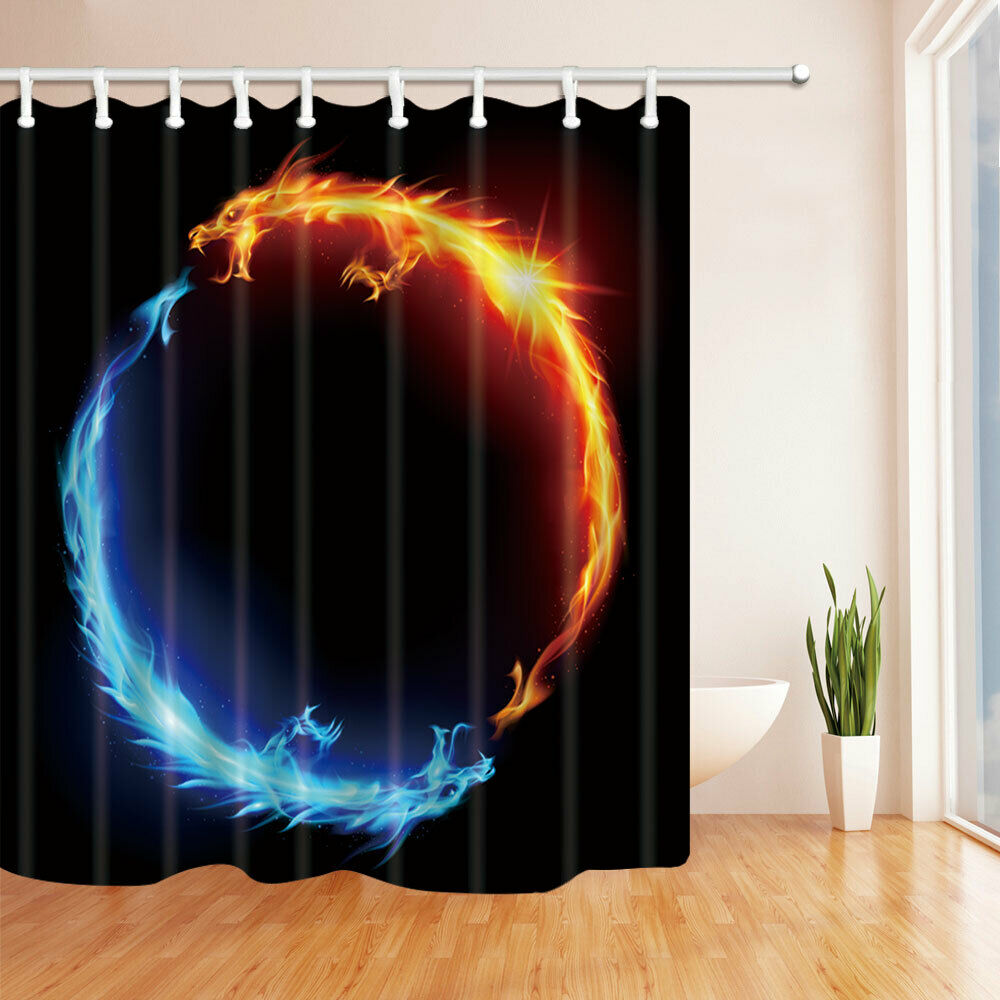 Ice and Fire Dragon Fabric Bathroom Shower Curtains & Hooks 71x71"