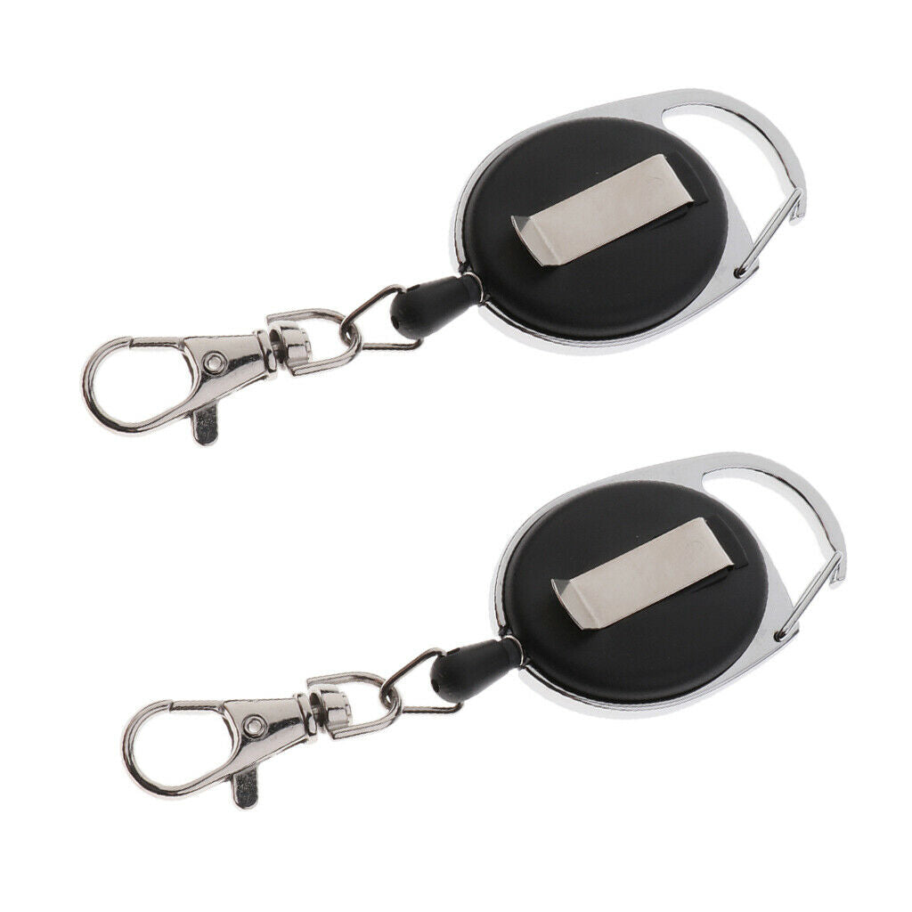 2x Black Retractable Key Reel - Recoil Cord Key Ring Pull Chain Belt Clip