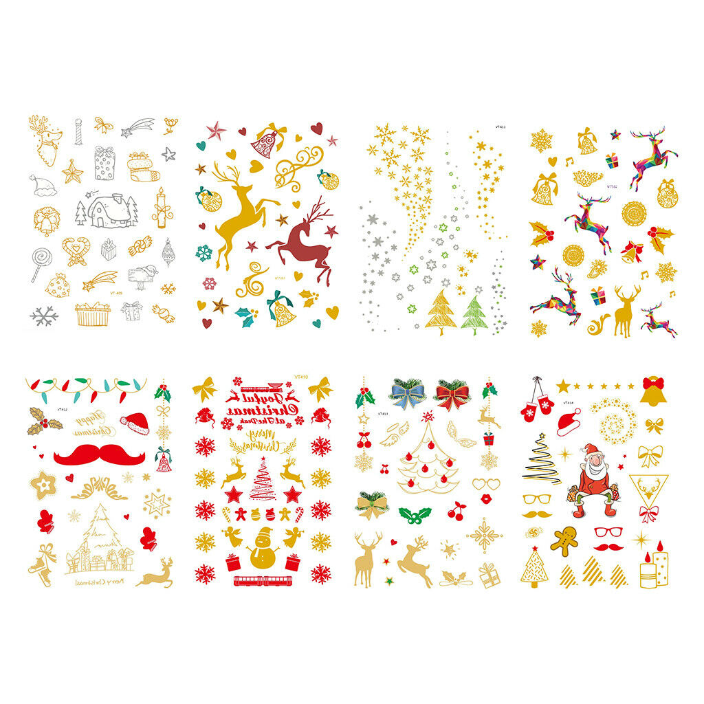 Set of 8 Colorful Adults Christmas Tattoo Transfer Stickers Xmas Elk Decals