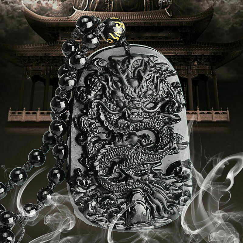 Lucky Dragon Blessing Pendant Beads Black Obsidian Hand Carved Necklace Natural
