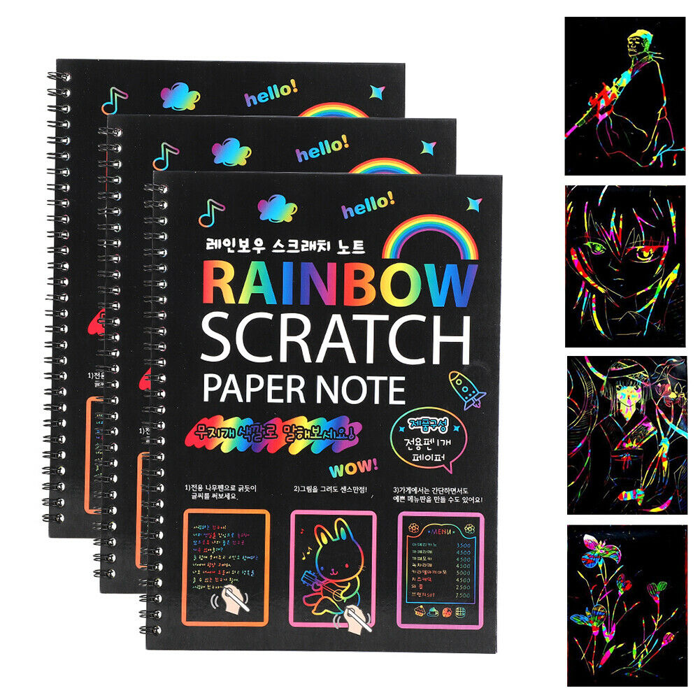 3Pcs Scratch Notes Books Set Scratch Doodle Art Rainbow Paper Card Wooden Pen
