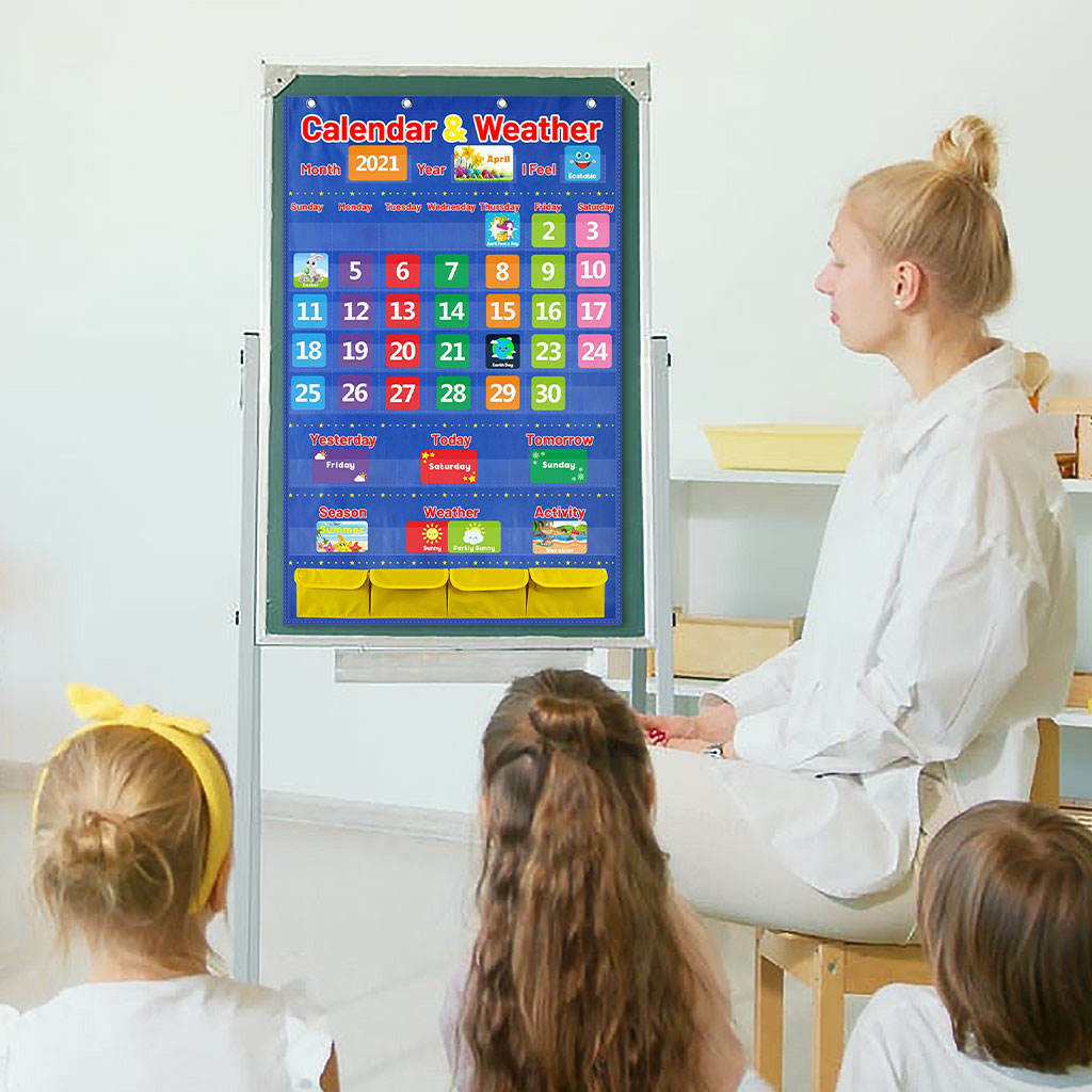 Classroom Calendar Pocket Chart with 114 Cards, 44.5”x 28”School Calendar