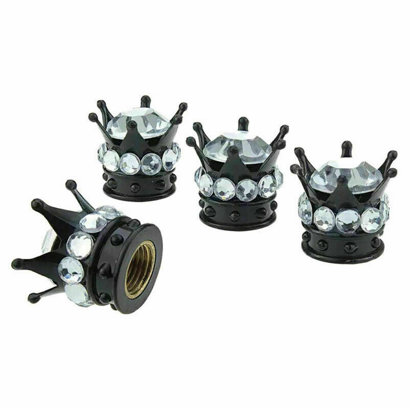 4 pc Chrome Crown Bling Diamond Tire/Wheel Stem Valve Caps car truck White