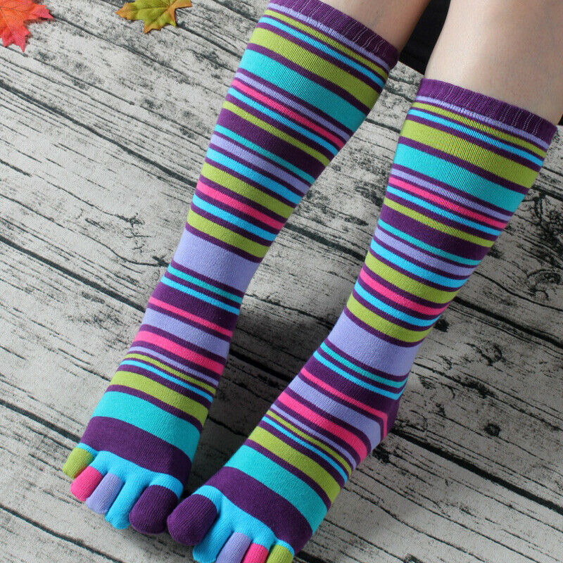 Womens Toe Socks 3 Pairs Cotton Rainbow Stripe Knee High Five Finger Socks Ankle