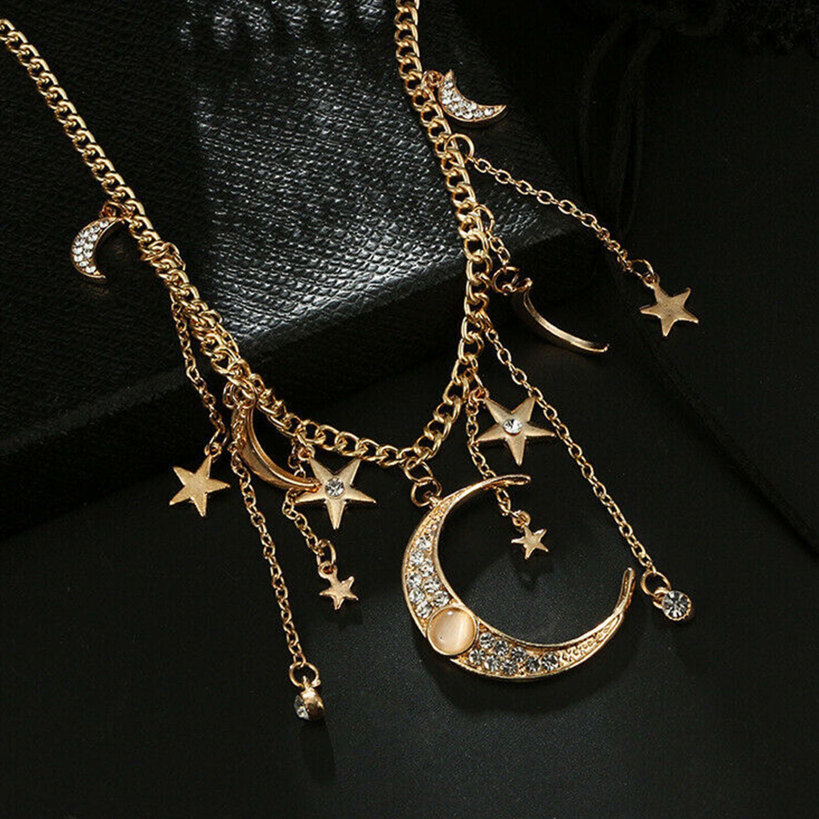 Chic Moon Pendant Crystal Women's Star Multilayer Choker Jewelry Necklace Chain