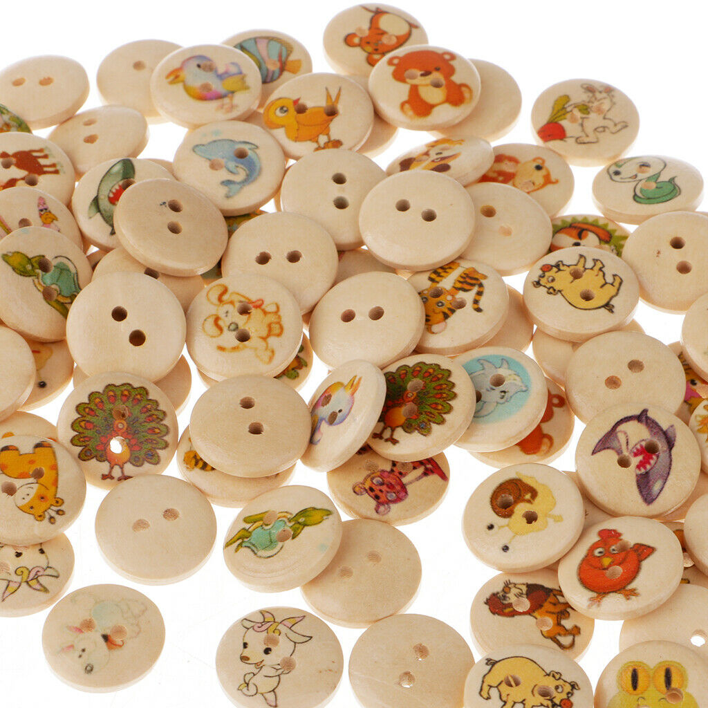 100x Round Animals Printed Wooden Flatback Buttons for Kids Crafts DIY 15mm