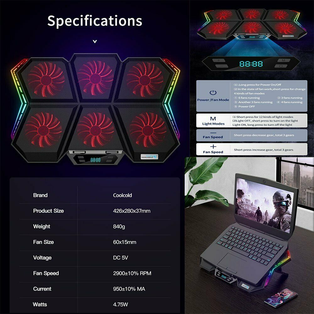 RGB Laptop Cooling Pad LED Screen Gaming Laptop Cooler with 6 High-Speed Fans FS