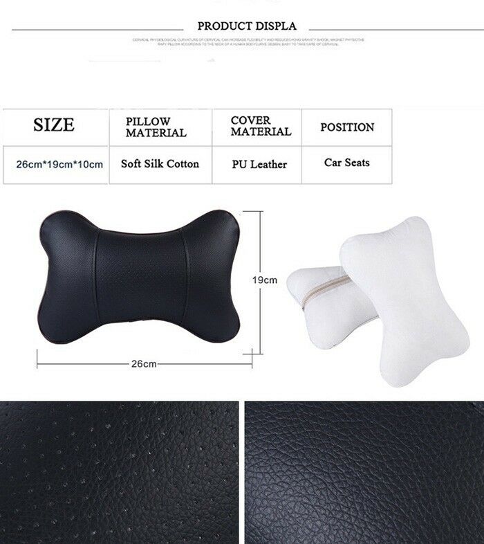 2x Universal PU Leather Car Seat Headrest Head Neck Support Pillow Soft Cushion
