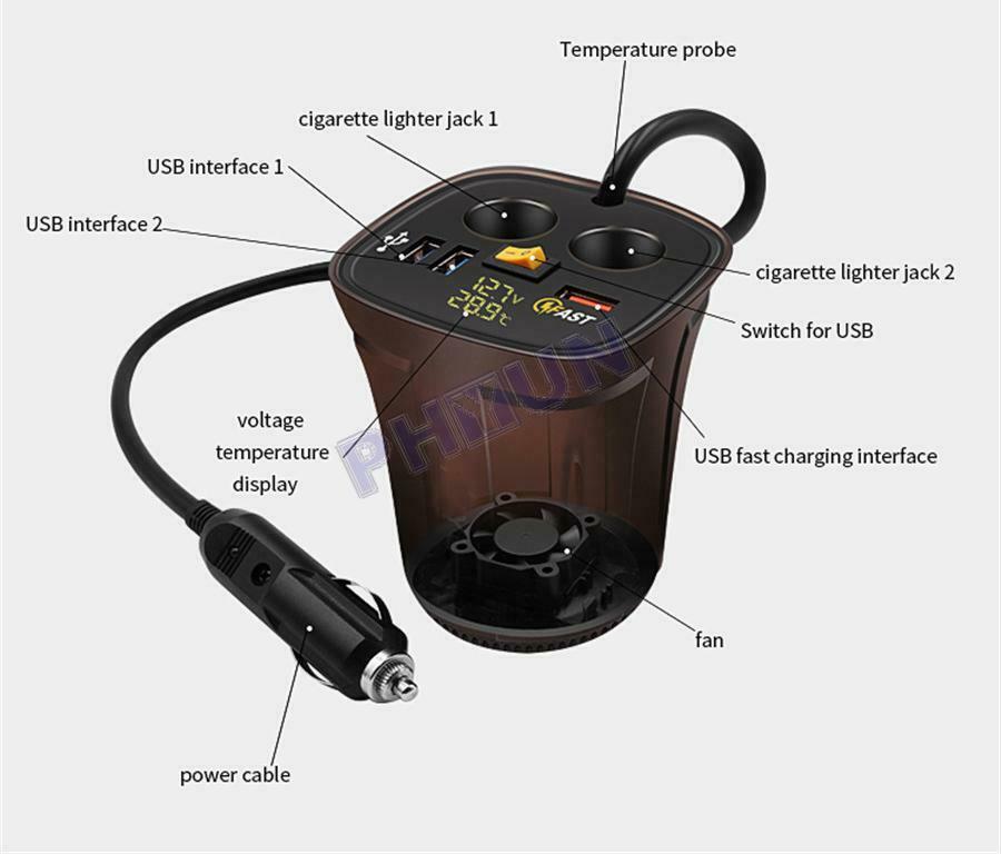 12V Car QC3.0 USB Socket Fast Charger Voltmeter Cigarette Lighter Thermometer