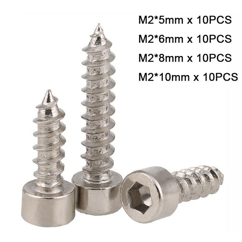 40Pcs M2 Hex Socket Cap Self Tapping Screws Kit-Grade 8 Ni-Plated | L5~10mm