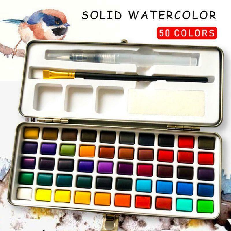 50 Colors Solid Watercolor Paint Pigment Set Portable for Beginner Drawing Art
