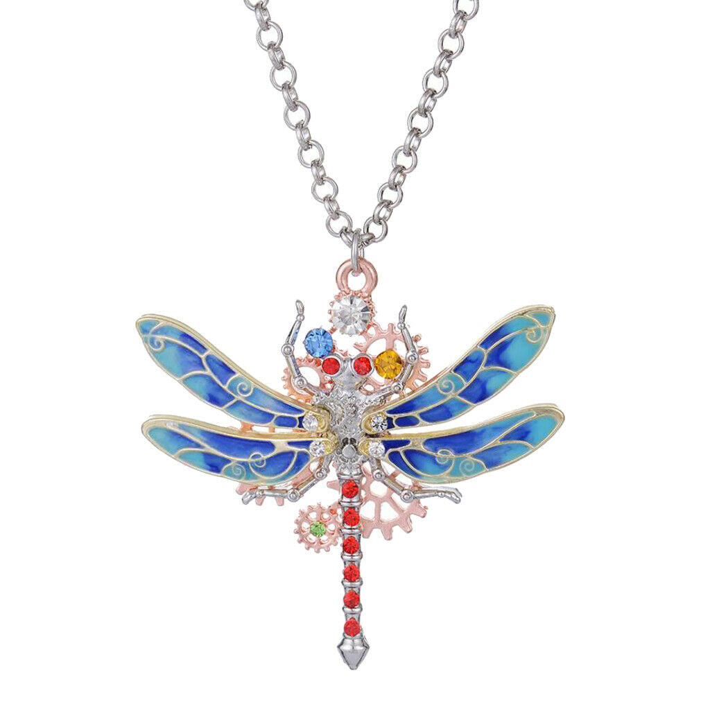 Steampunk Crystal Dragonfly Shaped Gear Pendant Women Gothic Necklace  Red