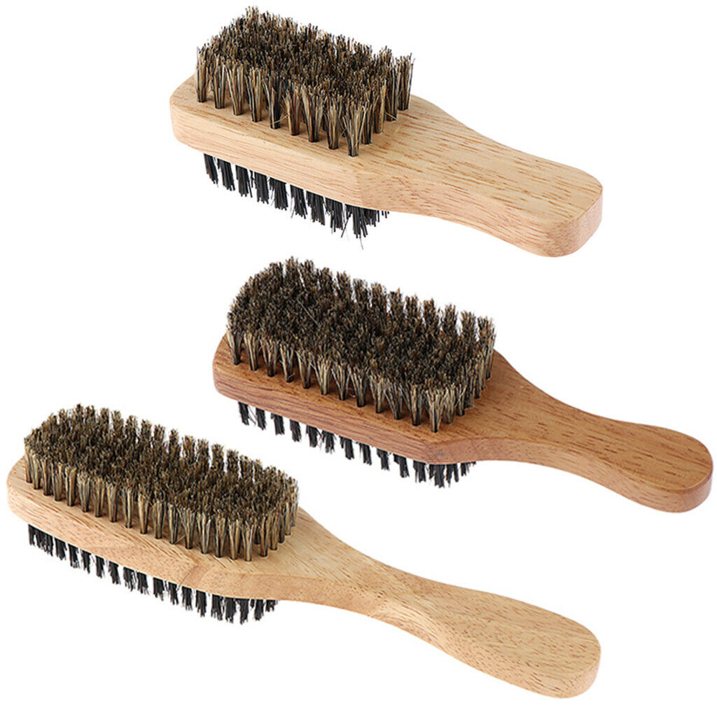 3Pcs Men 2-side Wave Hair Bristle Beard Mustache Brush w/ Wood Handle X+M+L