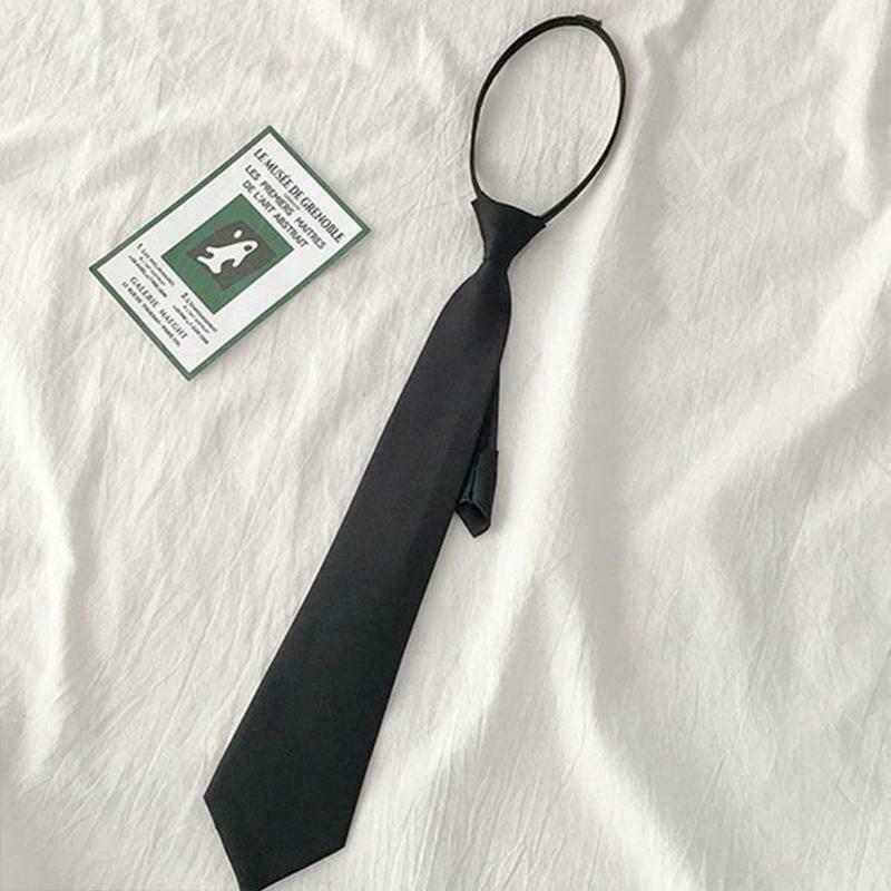 Unisex Solid Color Black Narror Pre-Tied Neck Tie with Adjustable Lazy Zipper