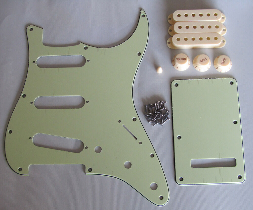Strat SSS Pickguard Set Mint Green w/ Aged White Pickup Covers,Knobs,Switch Tip