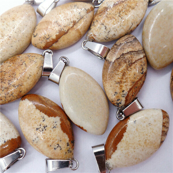 100Pcs 23x15x6mm Natural Brown Picture Jasper Marquise Pendant Bead HH8175