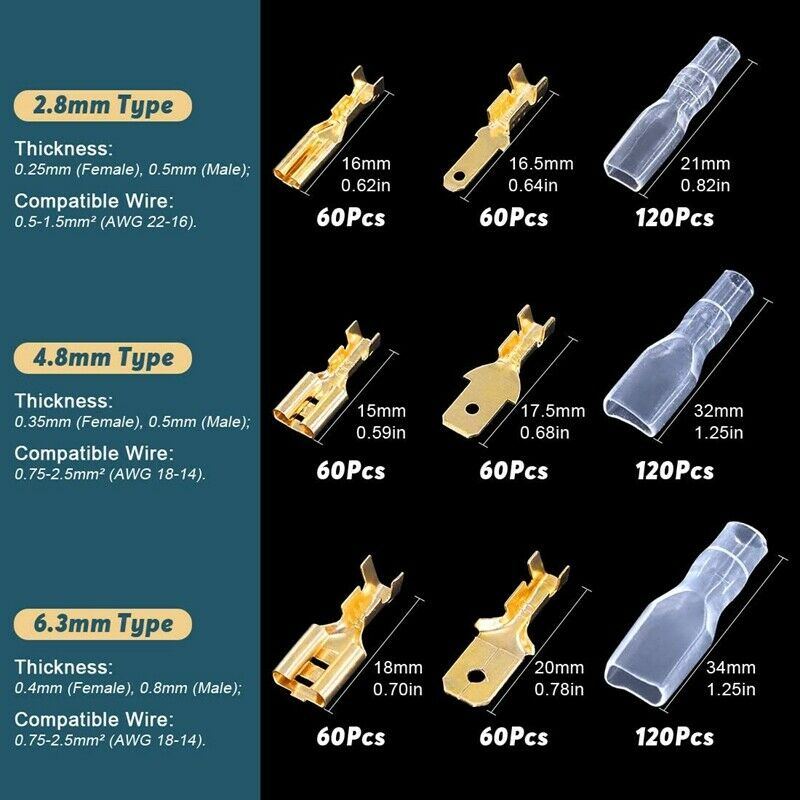 720 Pieces of 2.8 / 4.8 / 6.3mm Male and Female  Crimping Terminal Blocks withR2