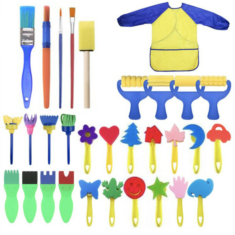 31pcs/set Art Painted Sponge Brushes and Apron Cloth Colorful Early Educatio_AU