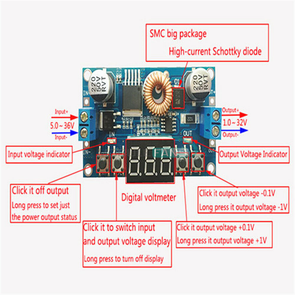 5A DC To DC Digital Control Power Supply Step-Down Charge Module LED  Voltmeter