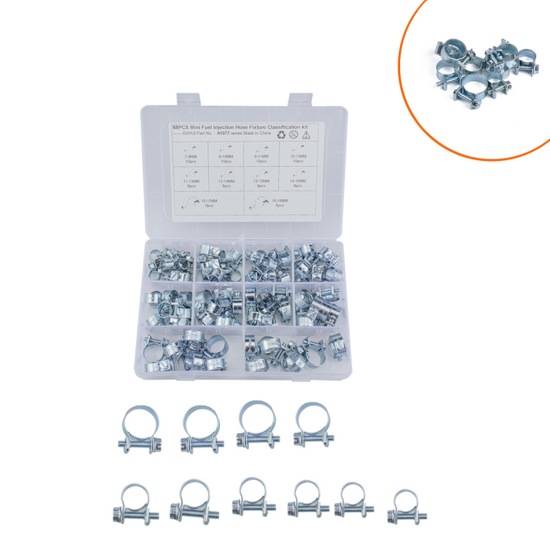 88Pcs 10 Specifications Carbon Steel Galvanized Mini Clamps Fuel Pipe Clamp Set