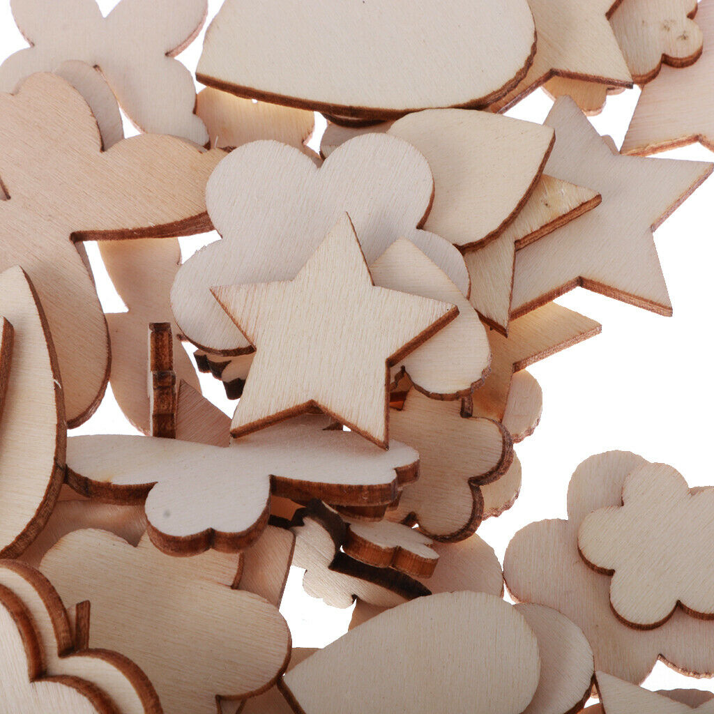 100pcs Assorted Wood Shape Heart Plum Flower Star Ebellishments For