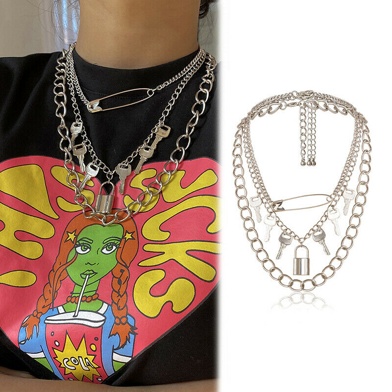 Gothic Big Lock Key Angel Pendant Necklace Punk Hip Hop Choker Necklace J.l8