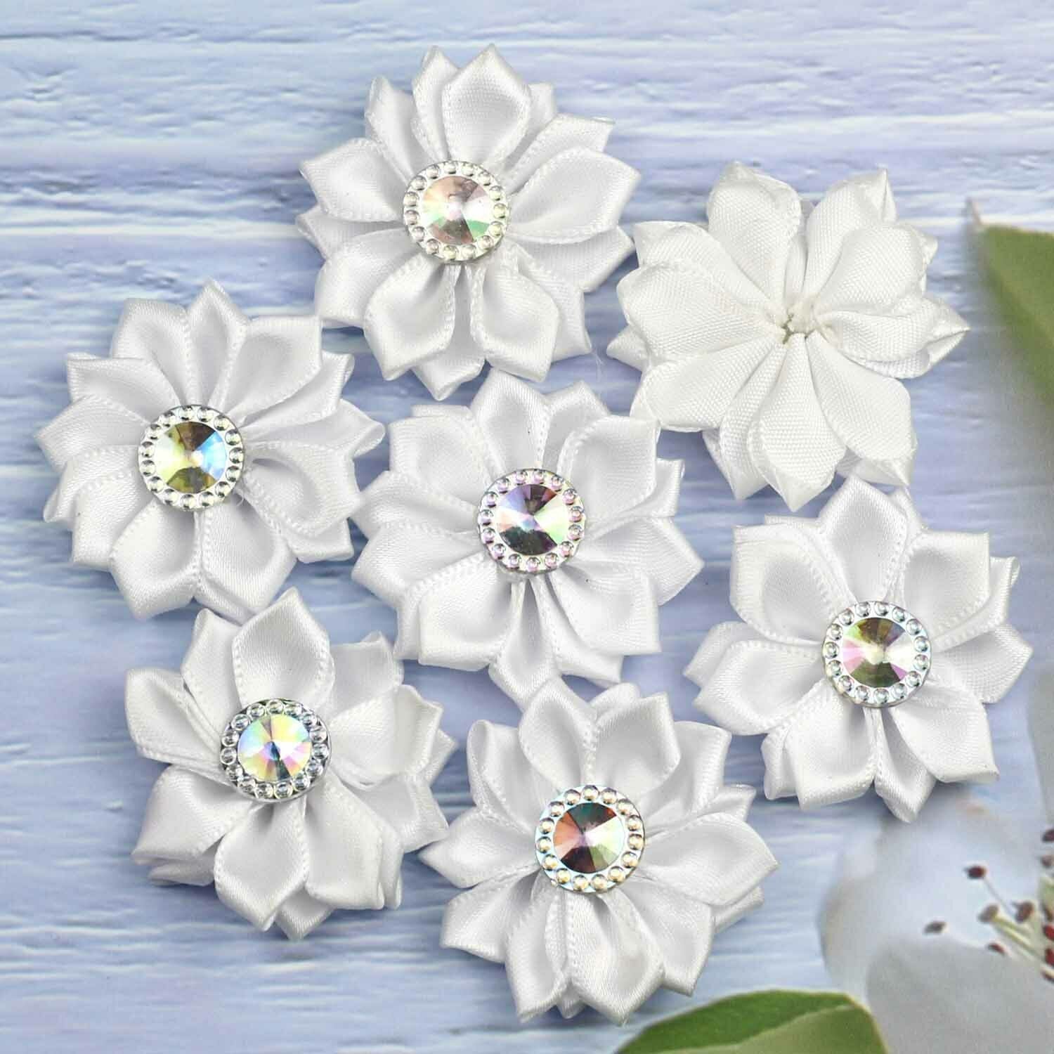 1.5" 10Pcs White Satin w/Rhinestone Flowers Ribbons Appliques Craft Supplies