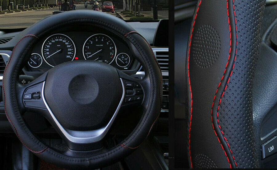 1Pcs 38cm Cars Auto Pickup Steering Wheel Cover PU Leather Embossed Black w/ Red