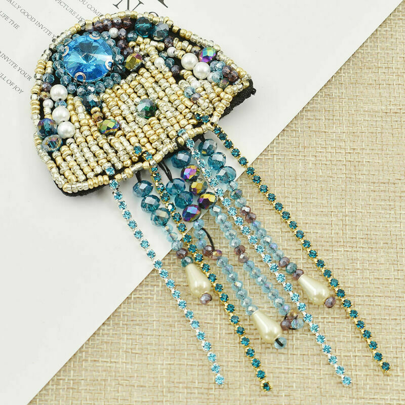 Rinestone Beaded Patches Jellyfish Sew On Applique Badges Clothing Decor DIY