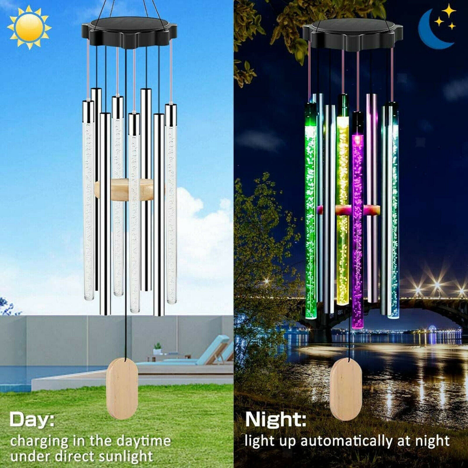 Solar Power Wind Chimes Decoration Hanging Light Ornament Garden Patio