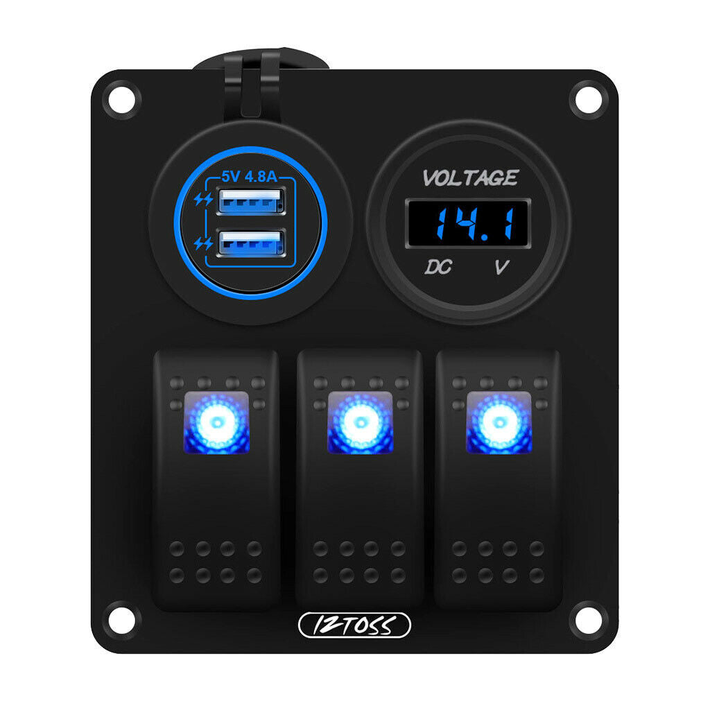 3 Gang Switch Panel with 12V-24V Voltmeter 4.8A USB Charger for RV Car