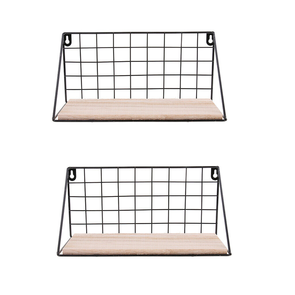 Metal & Wooden Wall Grid Hanging Shelf Furnishing Storage Rack Holder Set, 2pcs