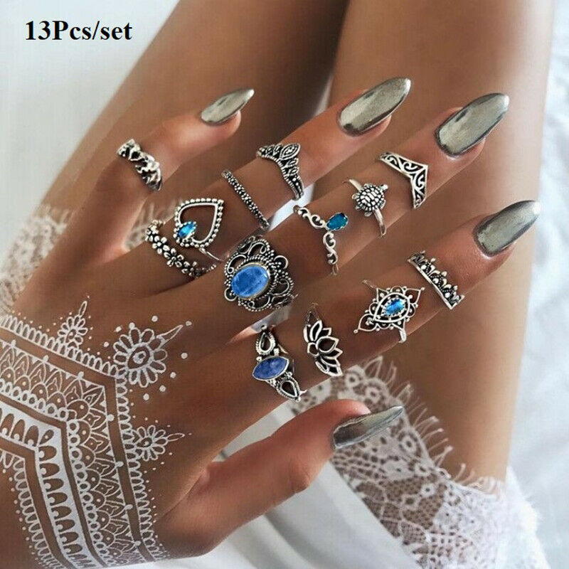 13 Piece Set Rings Fashion Retro Boho Dainty Bohemian Party Star gem Jewe.l8