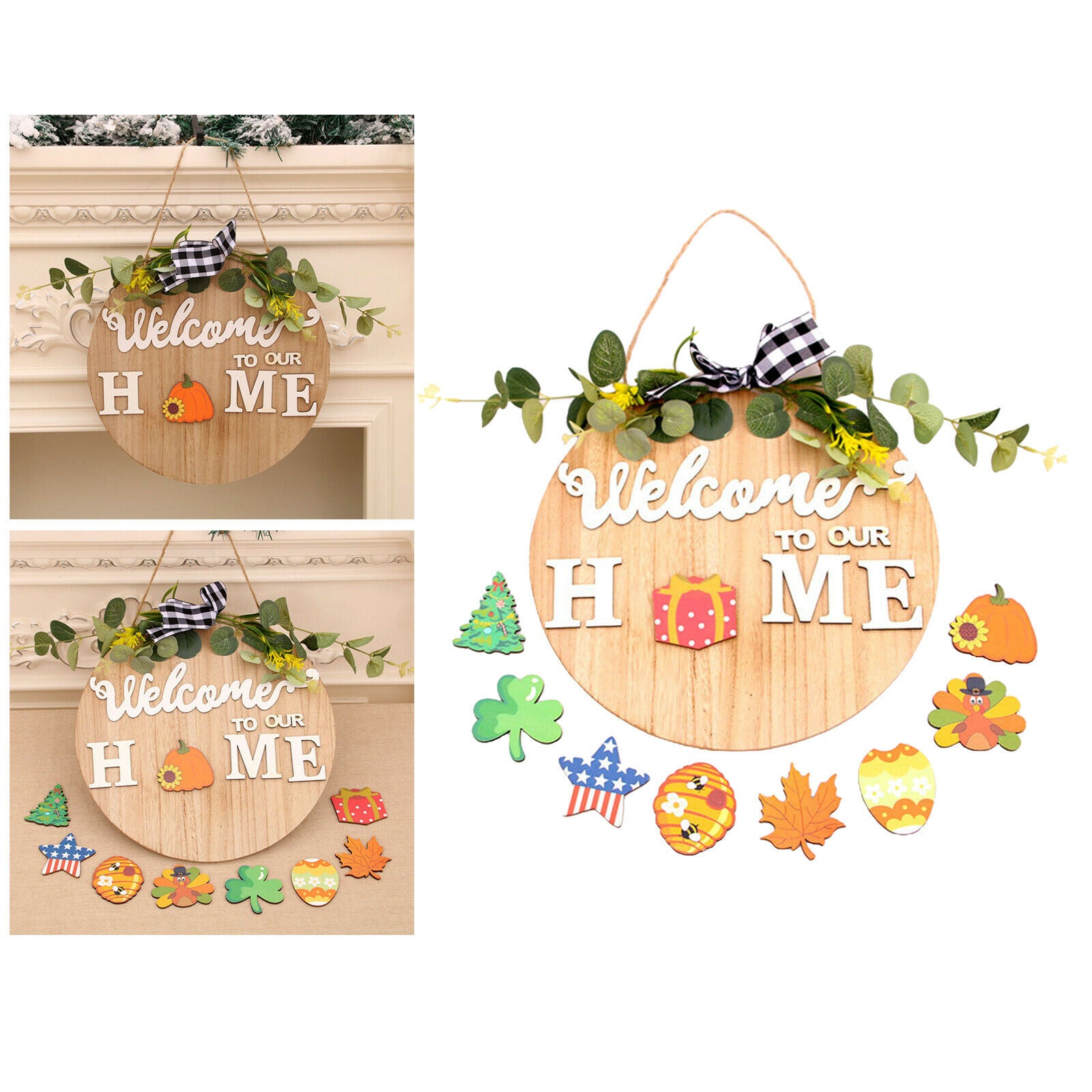 Front Door Decor Wooden Seasonal 11.8 inch Round Icons for All Seasons