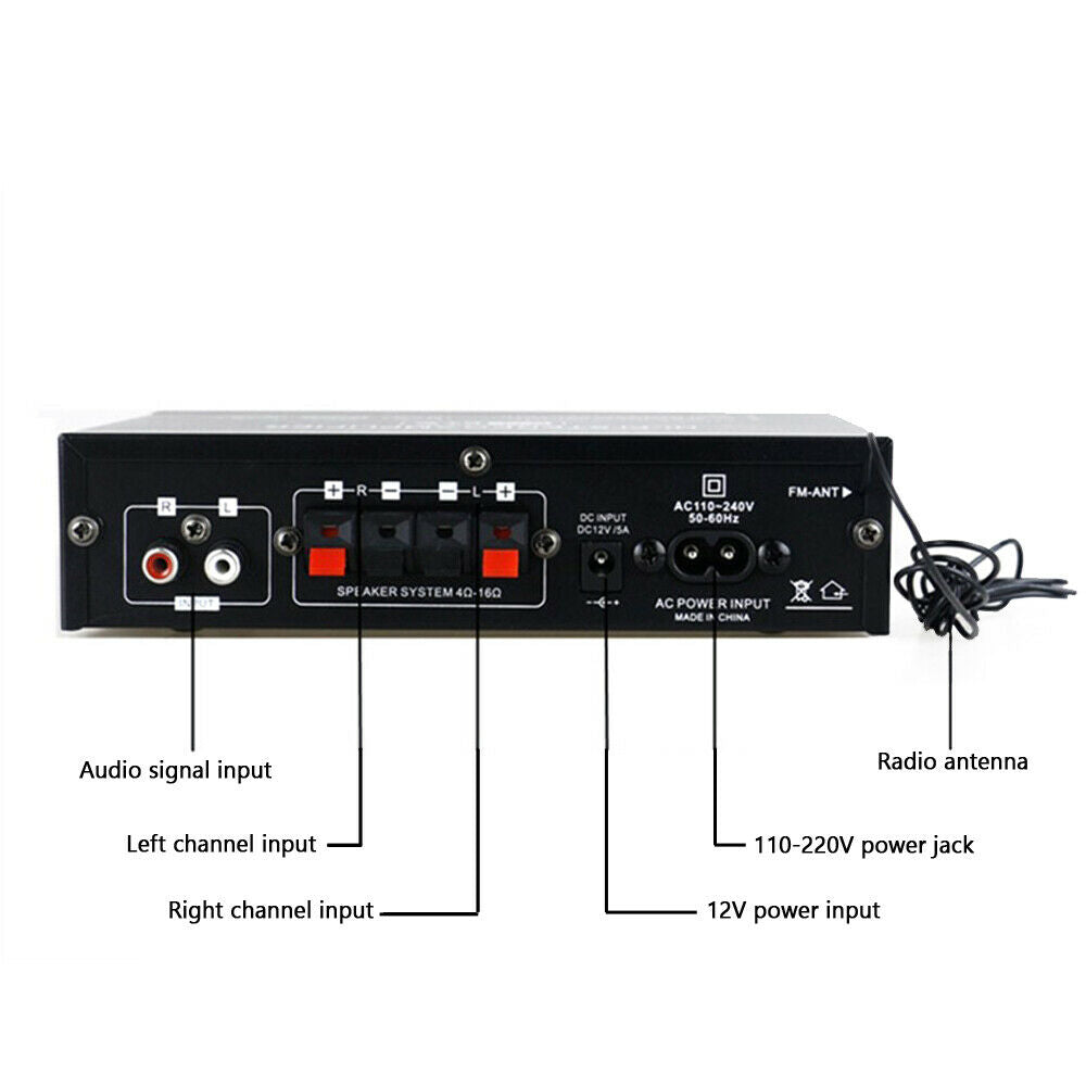110V 12V 600W Bluetooth Power Amplifier Home Stereo 2CH AMP FM Radio SD USB A03