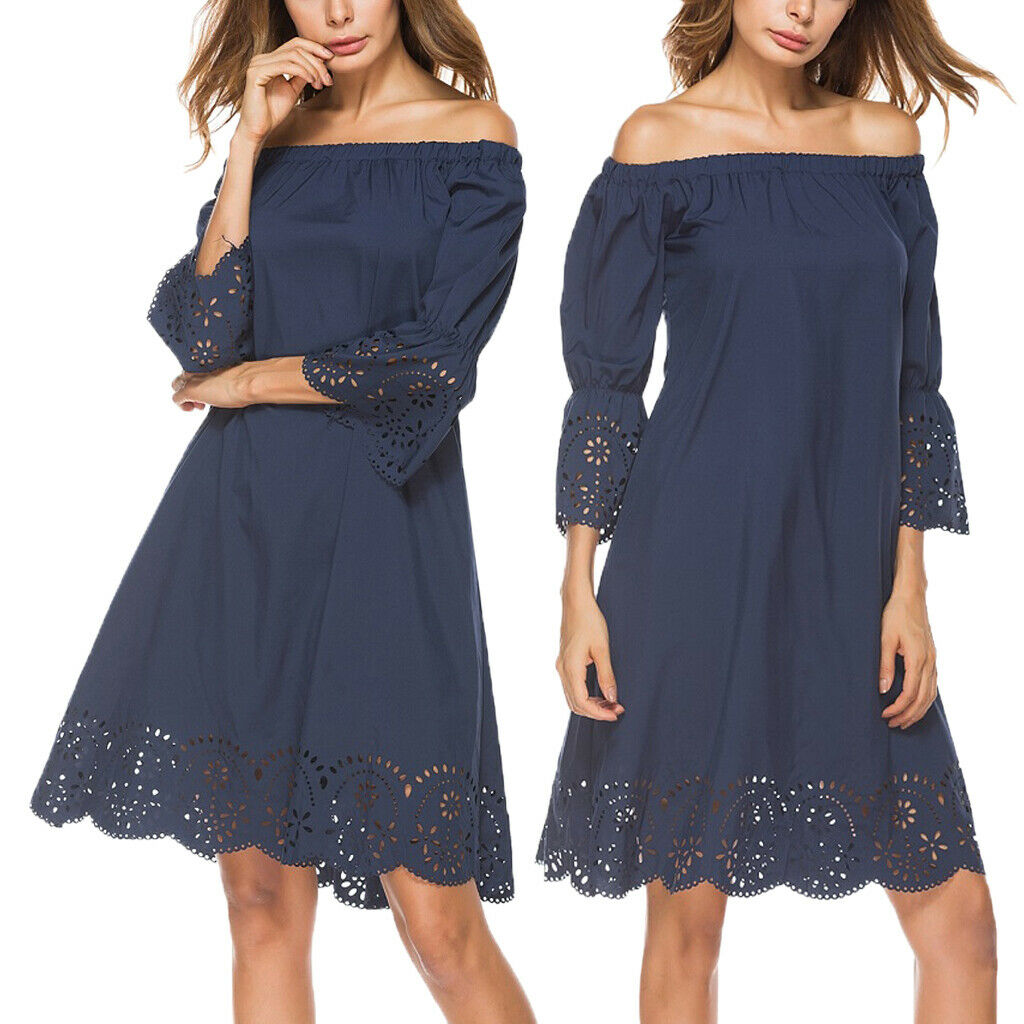 Women 3/4 Sleeve Skirt Off Shoulder Hollow Out Flower Hem Dress Darkblue 1XL