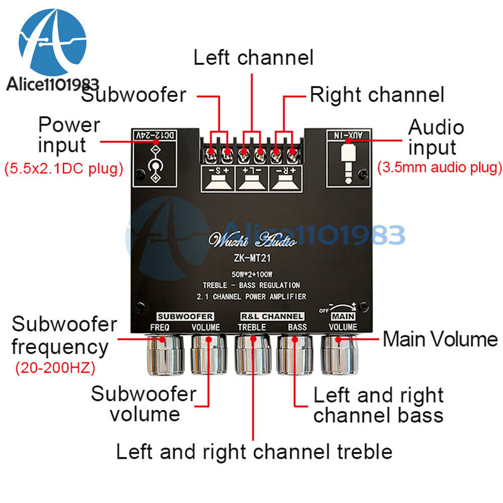 ZK-MT21 Bluetooth 5.0 Overweight Subwoofer Amplifier Board High Low Tone AMP AUX